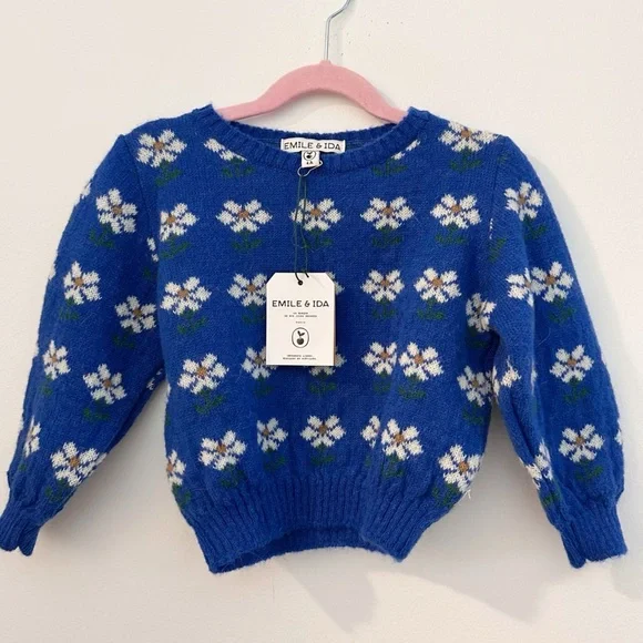 NWT Emile et Ida girls Floral Blue And White Daisy sweater - Picture 1 of 4